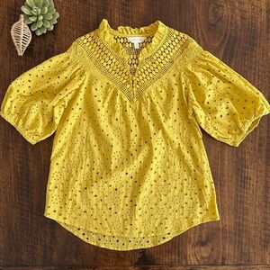 ADIVA | Anthropologie Yellow Eyelet Short Puff Sleeve Cotton Blouse, Size S